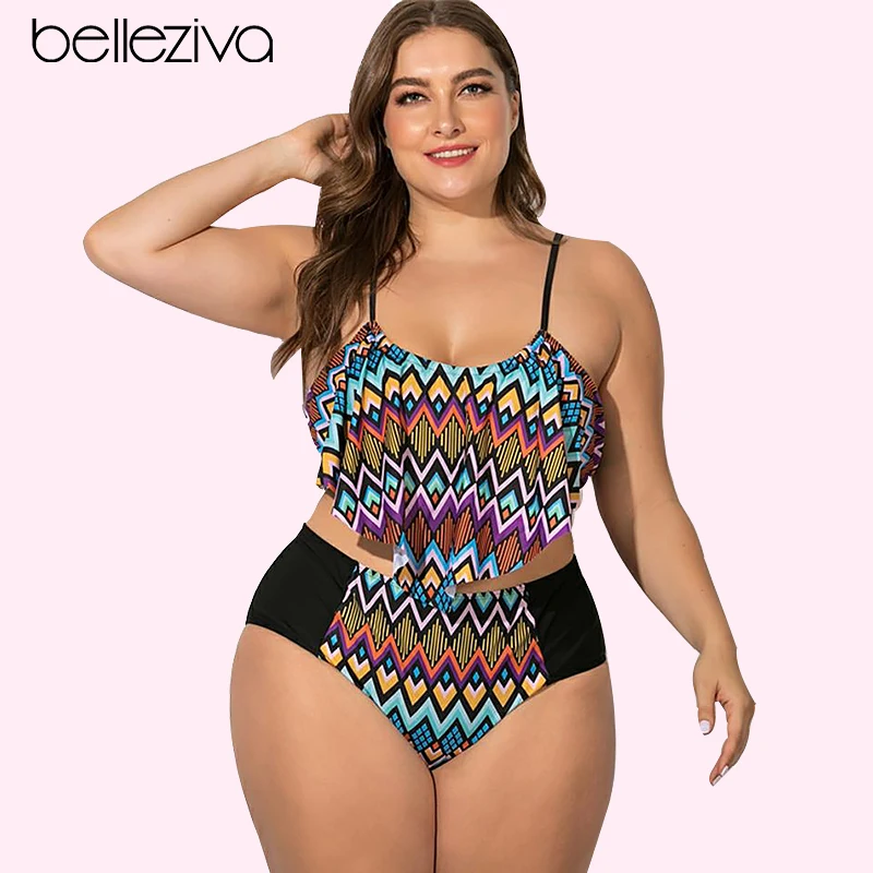 

Belleziva Plus Size Bikini Swimsuit Women High Waisted Tummy Control Two Piece Tankini Suits Contrast Geometric Print Ruffled