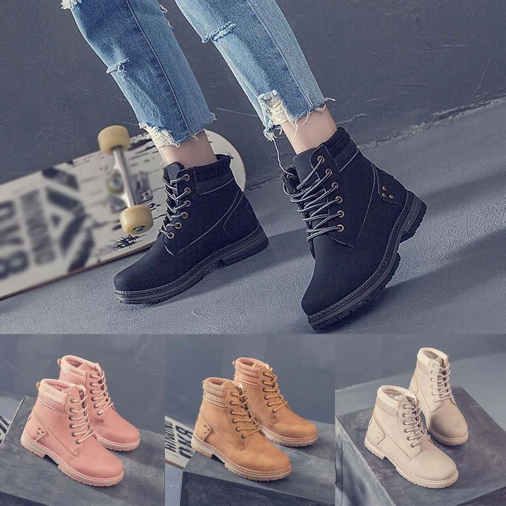 Boots Female Women Shoes Ladies Solid Lace Up Casual Ankle Boots Round Toe Shoes Student Snow Boots Winter Women Flat Shoes