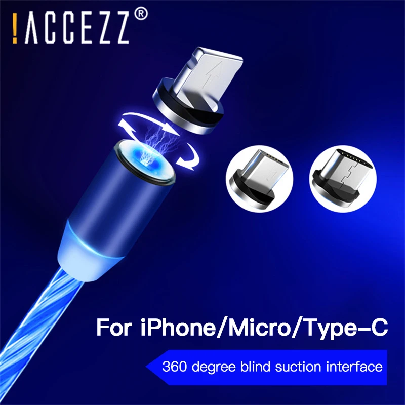 

!ACCEZZ Magnetic USB Cable LED Fast Charging Line For iPhone X 7 8 Plus 11 XS MAX Samsung Magnet Android Mobile Phone Cord Wire
