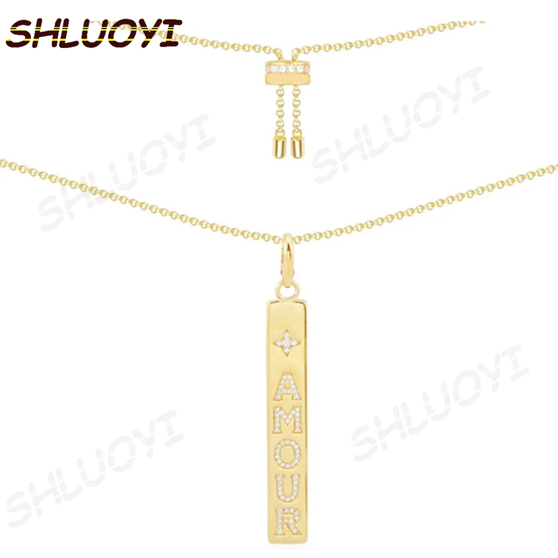 

SHLUOYI S925 Sterling Silver Jewelry 1:1 Copy,Yellow Silver AMOUR Plate Adjustable Necklace For Women Party Jewelry Gift