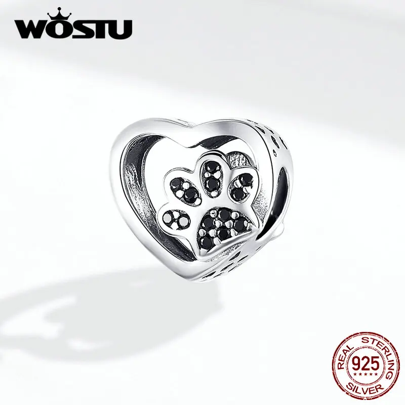 WOSTU 925 пробы серебро сердце лапа собаки бусины черная эмаль Циркон Шарм Подходит браслет DIY ювелирных изделий CQC1191-BK