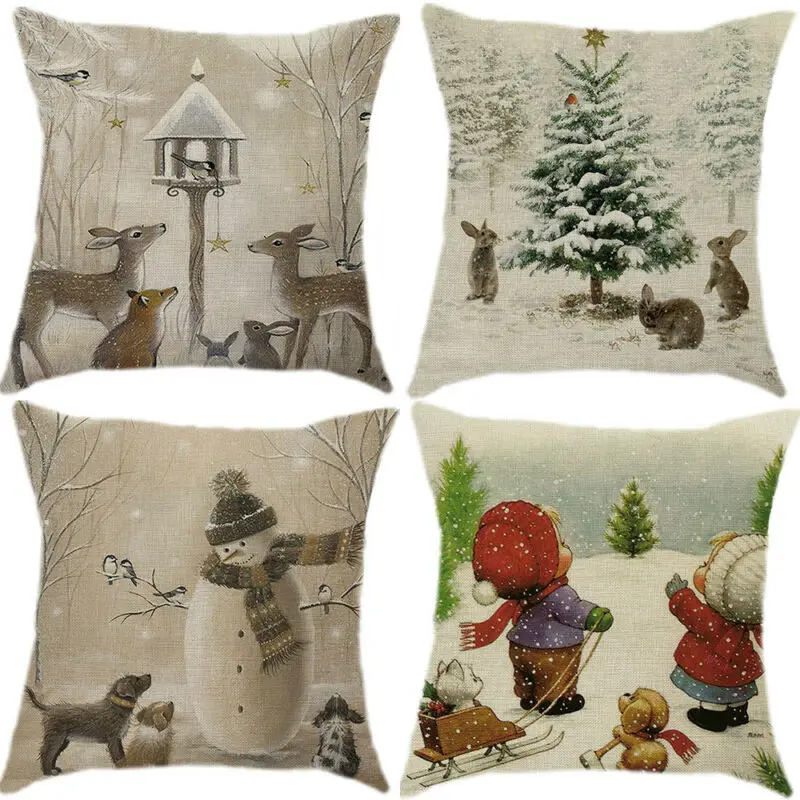

Merry Christmas Pillowcase Cotton Linen Snowman Decor 18\" Cushion Home Pillow Cover