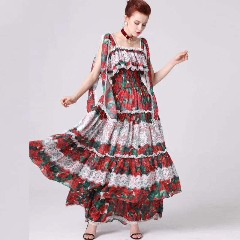 Boho Стиль Плиссированное женское платье модный принт Высокая талия темперамент женское платье летние оборки квадратный воротник Длинные женские платья