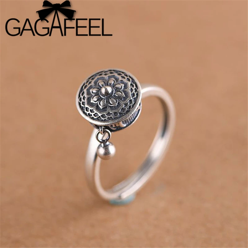 

GAGAFEEL Retro Thai Silver Ring Women's Six-word Mantra Open Ring Prayer Wheel Design Jewelry S925 Sterling Silver Rings