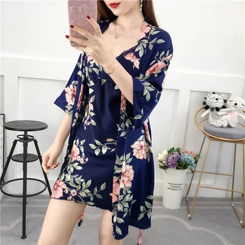 

navy blue Nightgown printed pajamas suit feminine V-neck strap nightgown two-piece suit thin loose temptation robe sets пижама