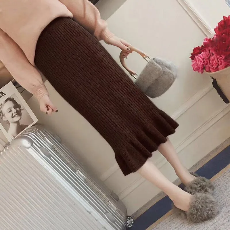 Модные женские хлопковые юбки осень зима Корейская длинная юбка с юбкой средней длины с оборкой, с высокой посадкой сумка бедра юбка рыбий хвост