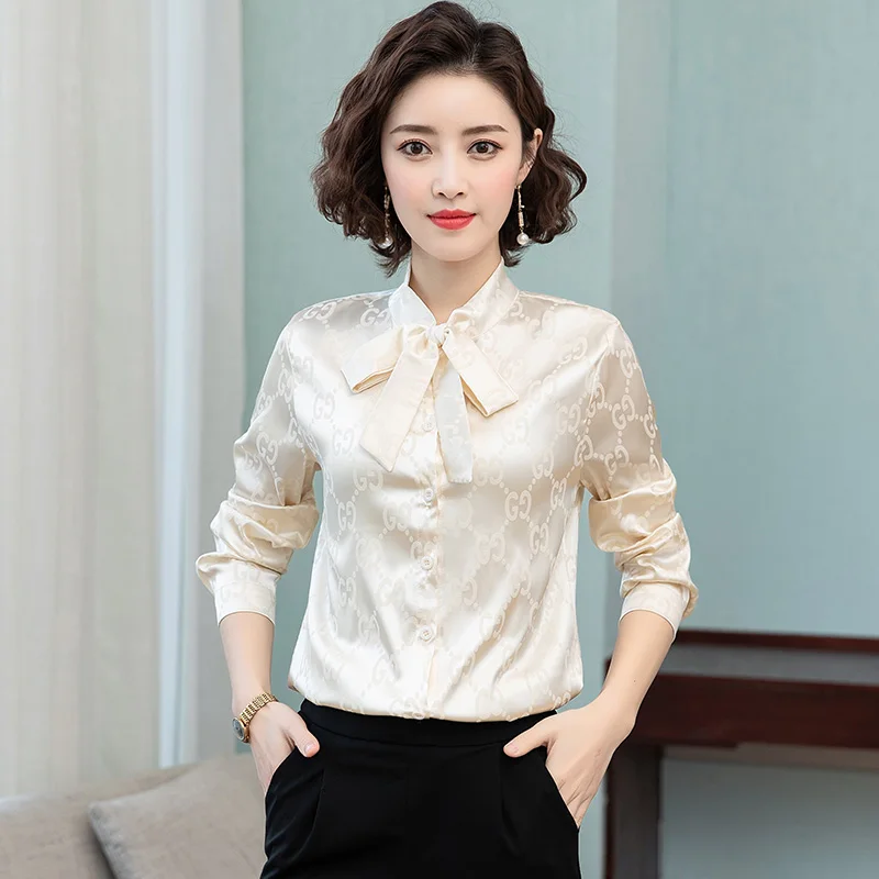 Blouse Women Long-Sleeved-Shirt Satin French Korean New-Style Party-Tops Bow Chikichi