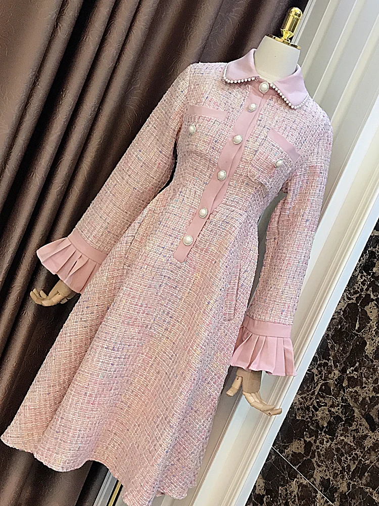 winter temperament elegant lapel beaded diamond waist slim Slim a-line dress