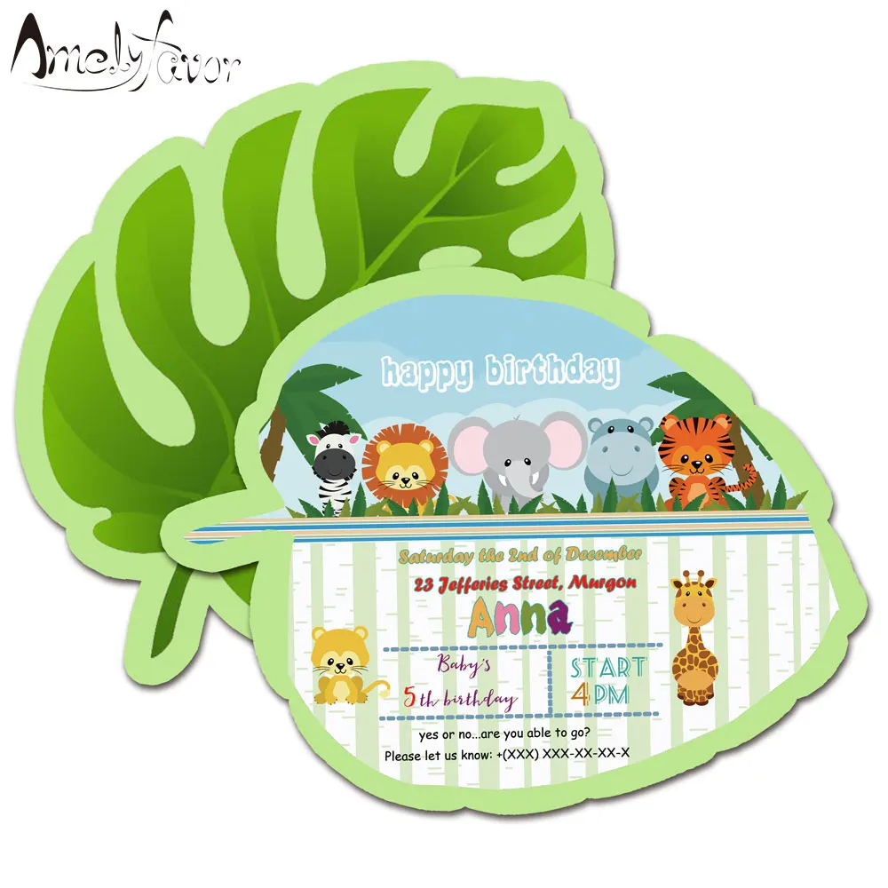 

Safari Animals Theme Party Invitation Card 16PCS Birthday Party Decoration Supplies Blank Custom-made Leaf Animal Invitations