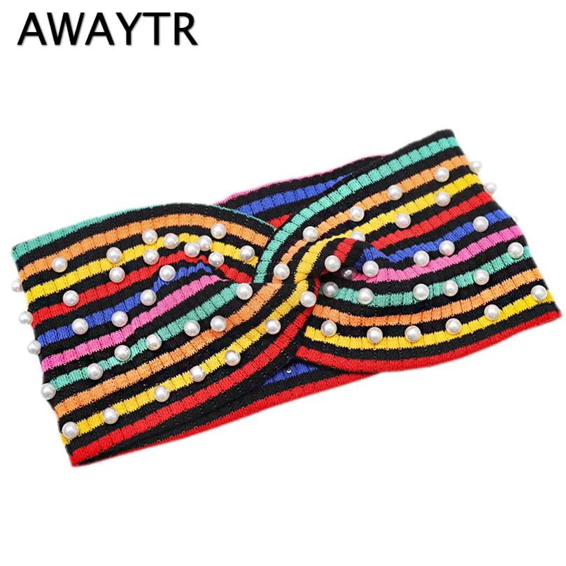 

AWAYTR Rainbow Striped Pearl Headband Female Knitted Knot Turban for Women Headwear Autumn Winter Fashion Hair Accessories