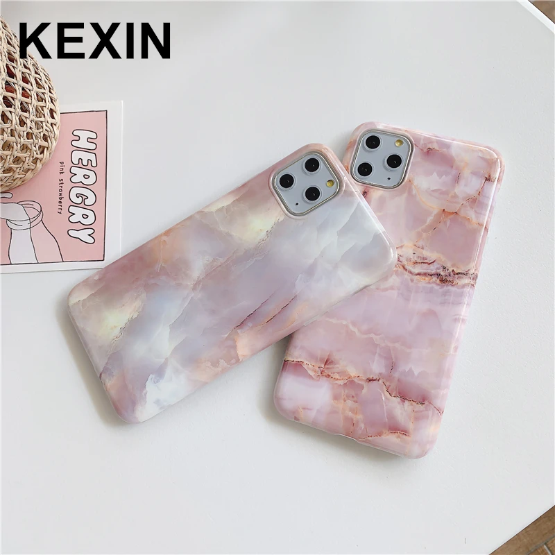 

KEXIN Pink Retro Marble Case For Apple iPhone 11 Pro XS MAX XR X 7 8 6S Plus Phone Case Simple ins Soft Silicone Glossy Covers