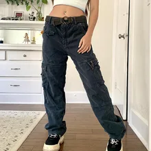 WeiYao Streetwear Cargo Jeans Denim Black Boyfriend Baggy Jeans Pockets Patchwork Vintage Hip Hop Pants Women Y2K Aeshetic