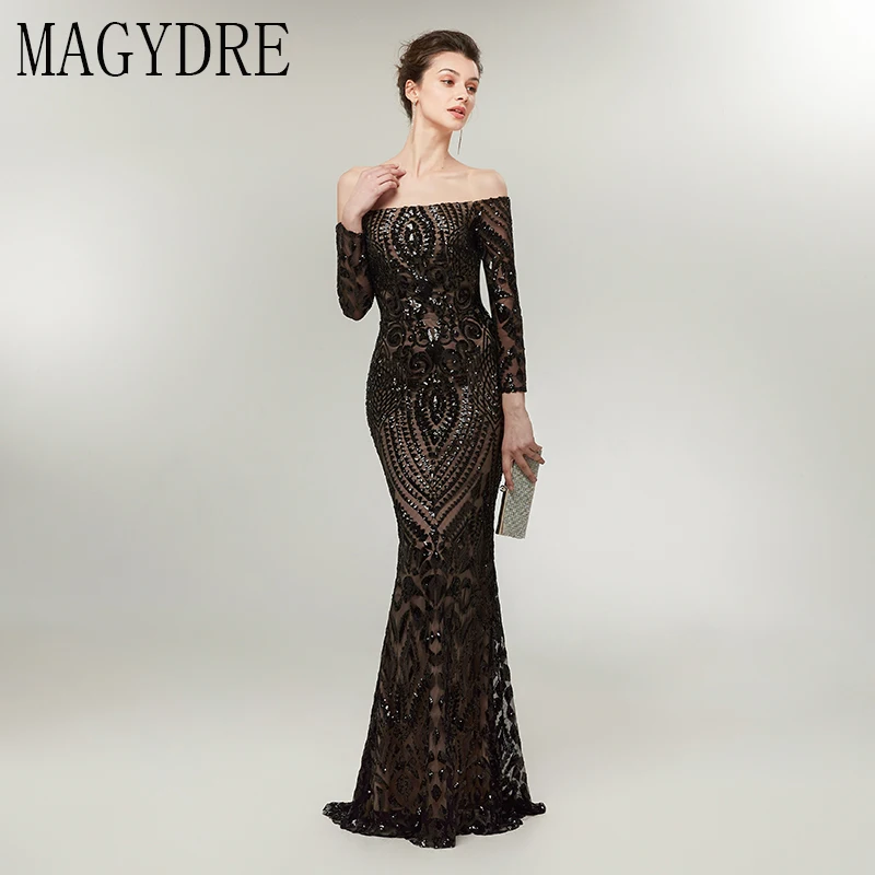 Черное элегантное вечернее платье Русалка с длинным рукавом robe de soiree вырез лодочкой Длина пола Тюль длинное платье