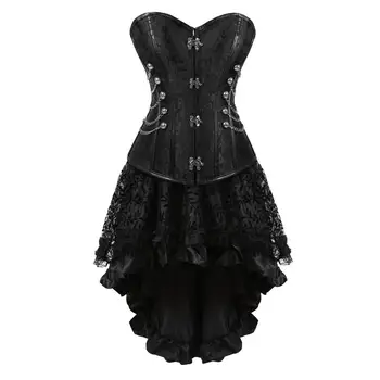 

Grebrafan Steampunk Corsets Leather Steel Boned Bustier with Fluffy Pleated Layered Tutu Skirt Carnival Party Club Night
