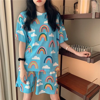 

Women Rainbow Print Summer Pajamas Set Round Neck Loose Homewear Short Sleeve Shorts Two-piece Suit Sleepwear Casual Pyjama S289