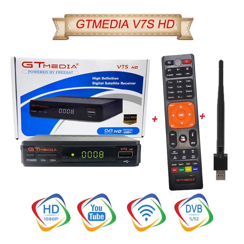 

1080P HD DVB-S2 GTmedia V7 HD Cccam Satellite TV Receiver Built in WIFI power by Freesat V7S HD 2 Years Europe Cline Brazil