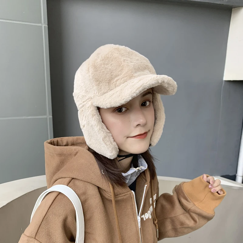 

EOEODOIT Women Cold Winter Bomber Hats Warm Rex Fur Warm Ear Protector Caps Visor Hat For Girls