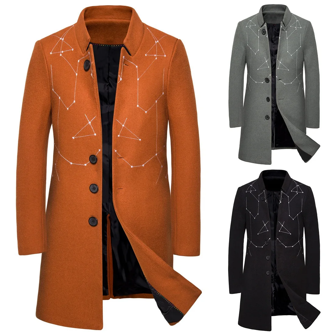 

2019 Autumn & Winter New Style Embroidered Men Mid-length Casual Woolen Cloth Fold-down Collar Slim Fit Coat