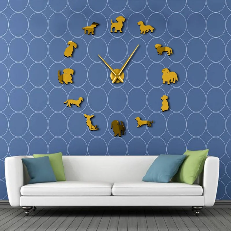 

DIY Wall Clock Creative Art Dog Big Wall Clock Puppy Dog No Frame Wall Clock With Mirror Effect Living Room Home Decoration