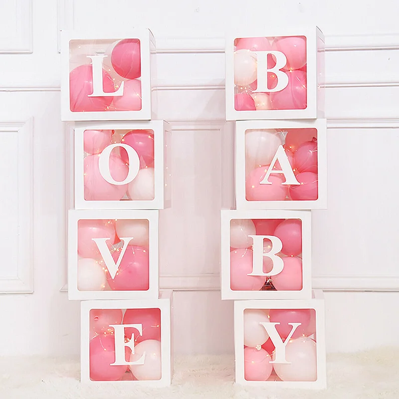 HIMM 4Pcs Transparent Letter Block Box Balloon Case See Through Cube Square Box Words Baby Love for Baby Shower Birthday Propose Wedding So On Baby 