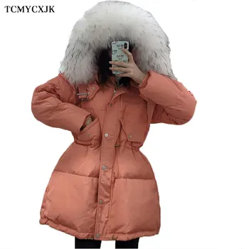 

2020 Winter Mid-length Parka Down Coat Women Loose Hooded Natural Fox Fur Collar Warm Jacket Slim Casual Feather Jackets Female