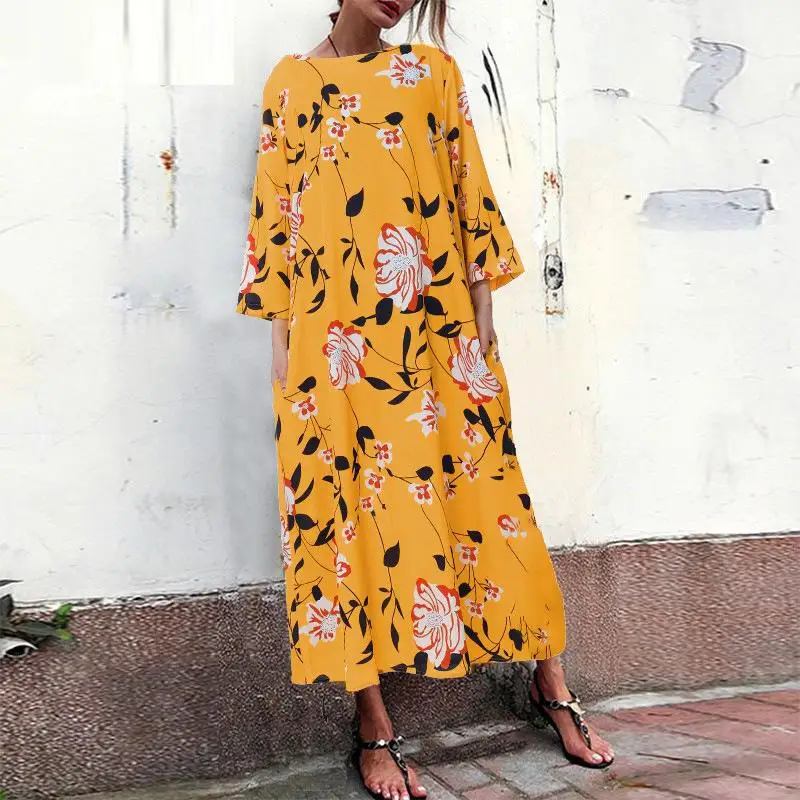 Винтажное женское платье в стиле бохо, 4xl, 5xl, одежда больших размеров, Осеннее длинное платье большого размера, желтое, черное, Цветочное платье макси, Пляжное Платье, femme