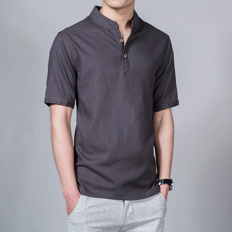 2020! Camiseta con cuello levantado para hombre de manga corta Color sólido estilo chino camisetas lino talla grande 5X|Повседневные