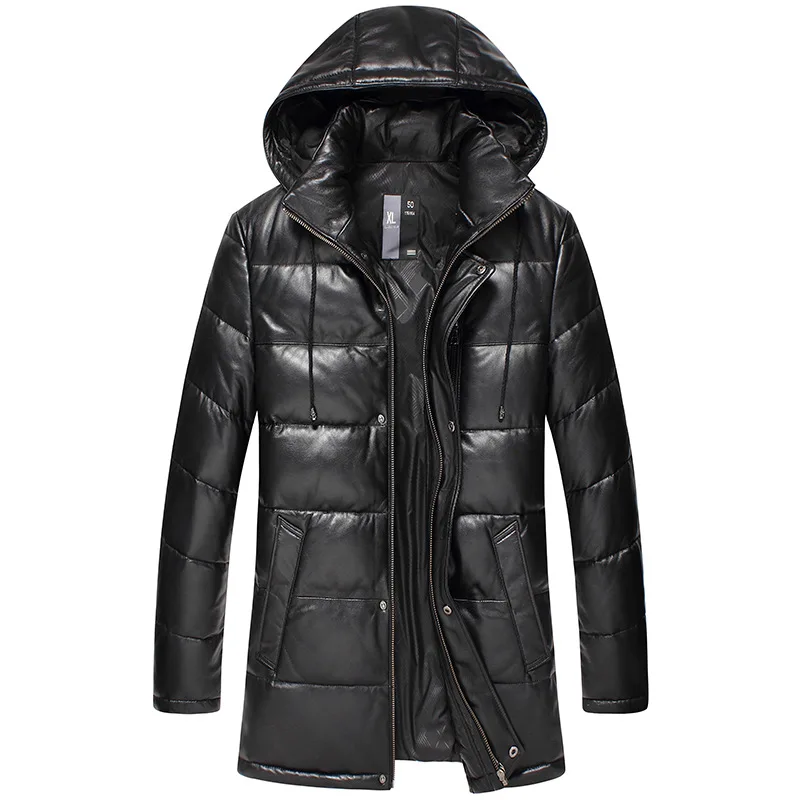 Seveyfan Men's Long Genuine Leather Down Jacket Thicken Warm Hooded Windbreaker Jacket Real Sheepskin Leather Jacket R3084 Seveyfan Men's Long Genuine Leather Down Jacket Thicken Warm Hooded Windbreaker Jacket Real Sheepskin Leather Jacket R3084