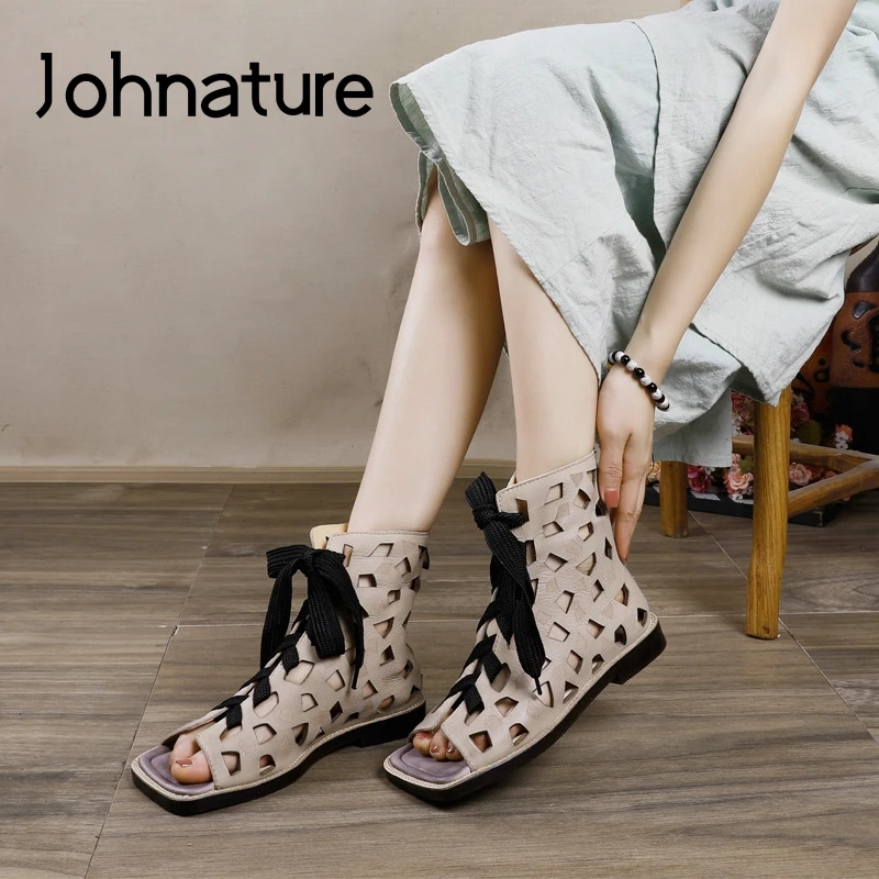 

Johnature Women Sandals Boots Lace-up Peep Toe Genuine Leather 2020 New Spring Summer Cross-tied Flat With Leisure Women Shoes