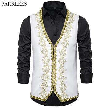 

Luxury Gold Embroidery Vest Men White Waistcoat Prom Dresses Men 2019 Baroque Palace Stage Dress Vests for Mens Suit Vest Gilet