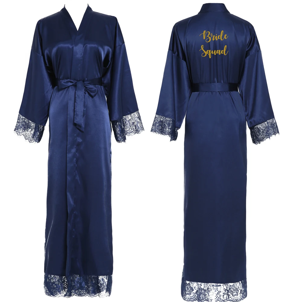 Темно-синее длинное простое кимоно для невесты, шелковый халат, атласное вечернее платье, свадебное платье, халат, кружевной халат, дамские халаты, горячее предложение - Цвет: Blue Bride Squad