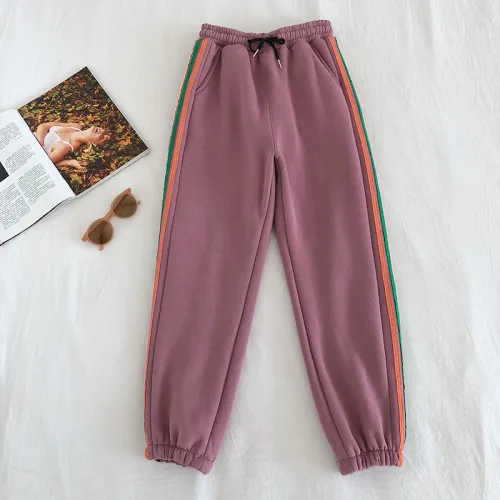 pink Neploe женские зимние утолщенные штаны до щиколотки плюс вельветовые утолщенные брюки для отдыха новые штаны-шаровары в радужную полоску 56855 - Цвет: pink
