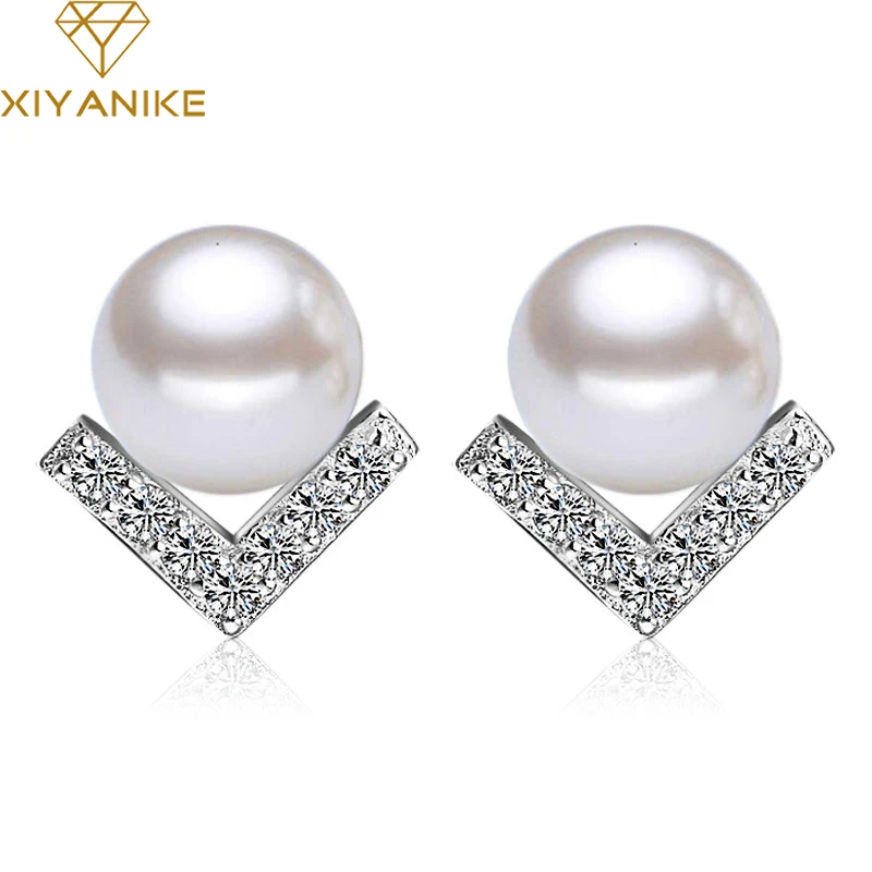 XIYANIKE 925 Серебряные жемчужные серьги-гвоздики для женщин Корейская звезда тот же пункт с треугольником стразами вечерние ювелирные изделия