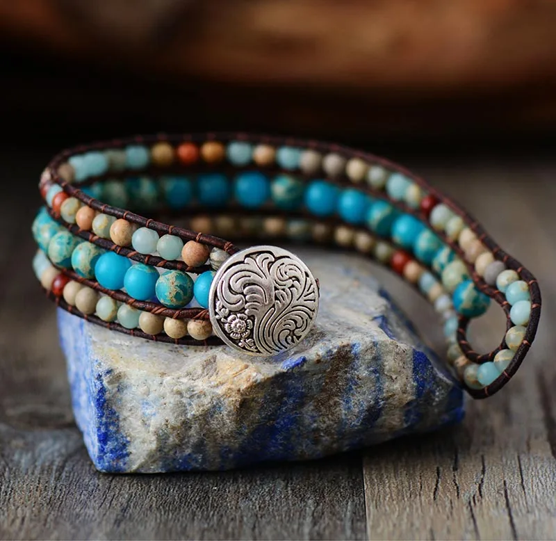 Cuff Bracelet Unique Japser Leather Wrap Bracelets Wholesale Handmade Bohemian Weaving Stone Bracelet Jewelry Dropshipping