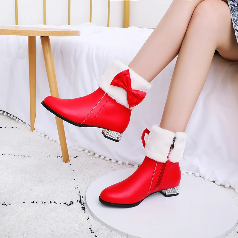 Girseaby/милые зимние ботинки с бантом для девочек; женские теплые плюшевые ботильоны на низком квадратном каблуке; bottines mujer botas; размер 43