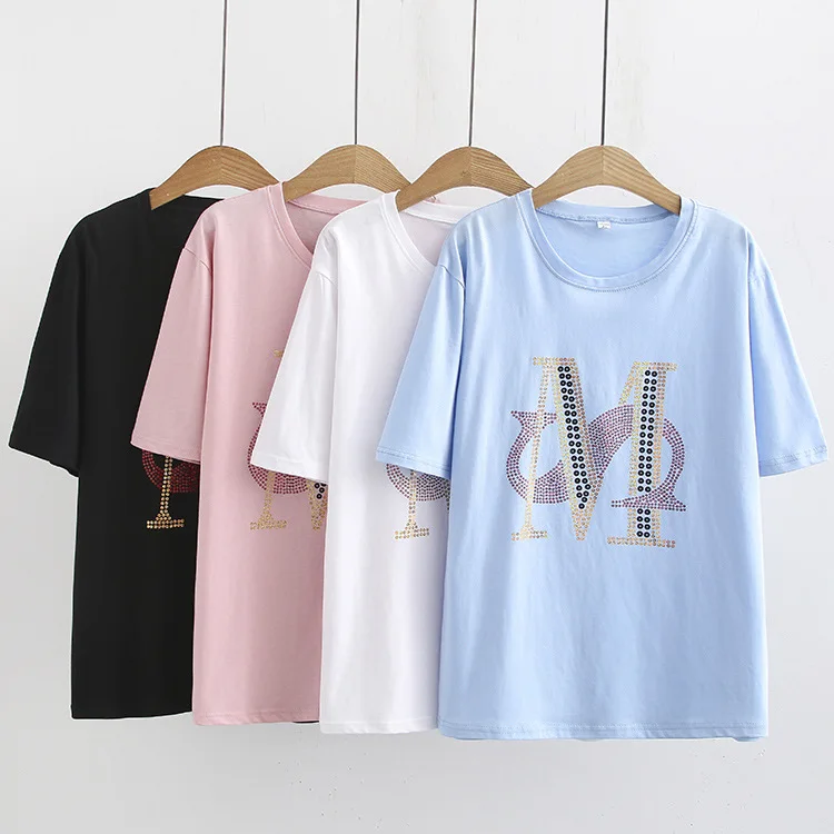 

Plus-sized 200 of Fat Mm Sequin Lettered Short Sleeve T-shirt WOMEN'S Dress Summer Loose-Fit Half Sleeve Base Shirt Tops