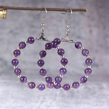 

2020 New Fashion Women Natural Stone Beads Earring Hoops 4cm Big Circle Earring Purple Pink Crystal Korean Hook Earring Jewelry