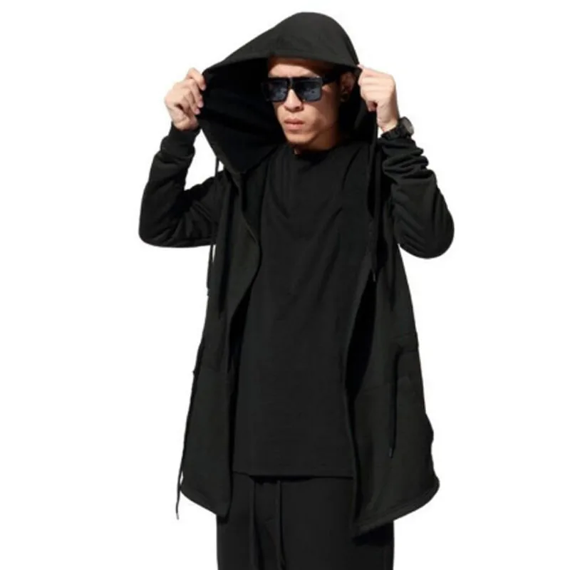 Men Gothic Hooded Cloak Long Trench Coat Loose Hairstylist Jacket Cardigan Black 