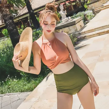 

Korean small chest gathered thickened beach retro high waist cover belly was thin sexy split army green bikini female swimsuit