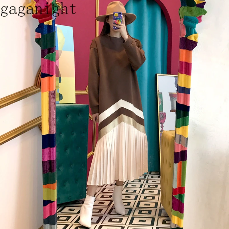 Gaganight шикарное лоскутное цвет женские толстовки Макси платье с длинным рукавом и