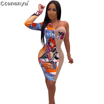 

Women Net Yarn Patchwork Print Dress Sexy Perspective Dress Oblique Collar Shoulder Long Sleeves Irregular Dress