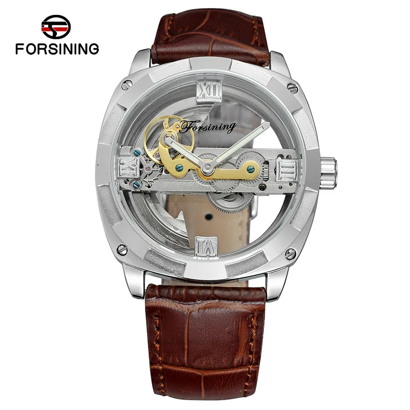 Brown Silver Silver Forsining Топ люксовый бренд мужские полые автоматические механические часы Скелет личность креативная Мода розовое золото кожа часы - Цвет: Brown Silver Silver