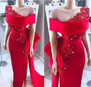 

2020 Elegant Red Off The Shoulder Evening Dresses Mermaid Lace Appliques Formal Party Gowns Sheer Neck Prom Dresses Custom Made