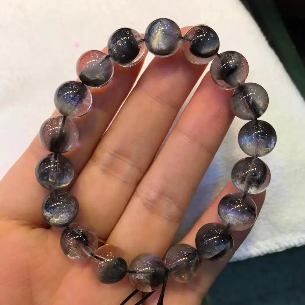 

Natural Brookite Platinum Silver Black Rutilated Quartz Bracelet Woman Man 10.5mm Clear Round Beads Gift Crystal Lucky AAAAA