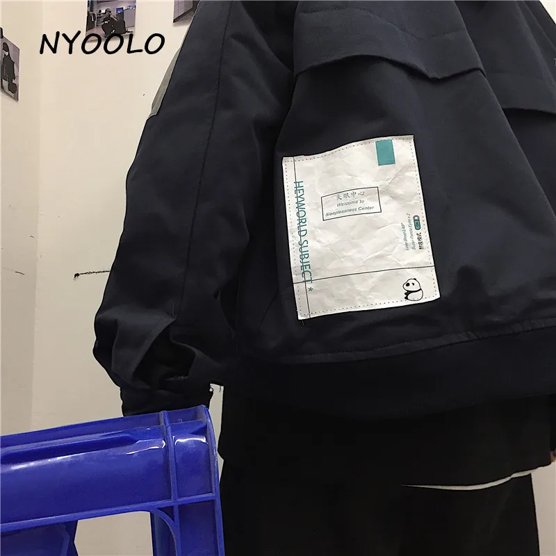 NYOOLO Harajuku дизайн уличная одежда без рукавов с принтом этикеток лоскутное хлопковое пальто с подкладкой осень зима длинный рукав куртка с капюшоном Женская Мужская Рабочая одежда