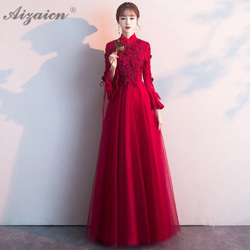 

Fashion Lace Yarn Skirt Cheongsam Red Modern Bride Marry Vintage Gown Evening Dresses Qi Pao Women Chinese Wedding Dress Qipao