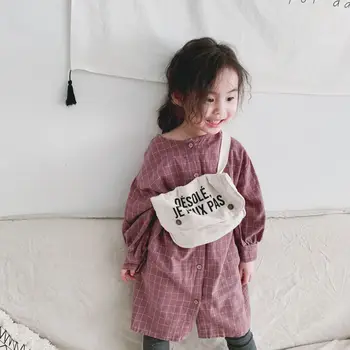 

Autumn Children Cotton Linen Long dress Checkered Cotton princess dress Plaid Knee-Length Crew Neck