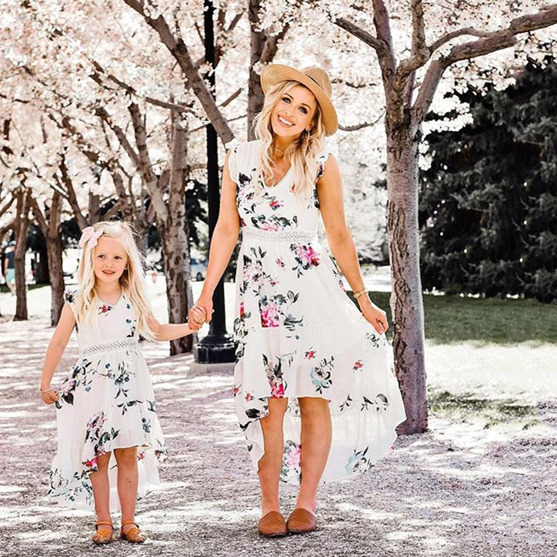 

PatPat 2020 New Summer Lace Splice Irregular Matching Dresses Matching Outfits Mommy and Me Dresses