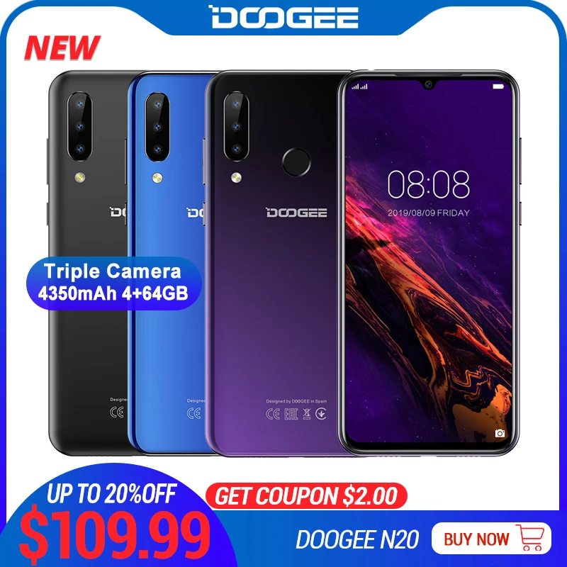 Цена DOOGEE N20 мобильный телефон, отпечаток пальца, 6,3 дюймов, FHD + дисплей, 16 МП, тройная задняя камера, 64 ГБ, 4 Гб, MT6763, четыре ядра, 4350 мАч, мобильный тел...