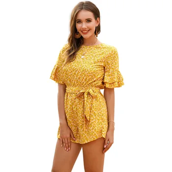 

Printed Lace Button Short-sleeved Jumpsuit Women's Fashion High Waistline Casual This Year Summer